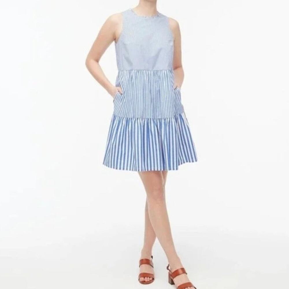 J Crew Factory Striped Sleeveless Tiered Mini Sun Dress Women's 4 Blue White